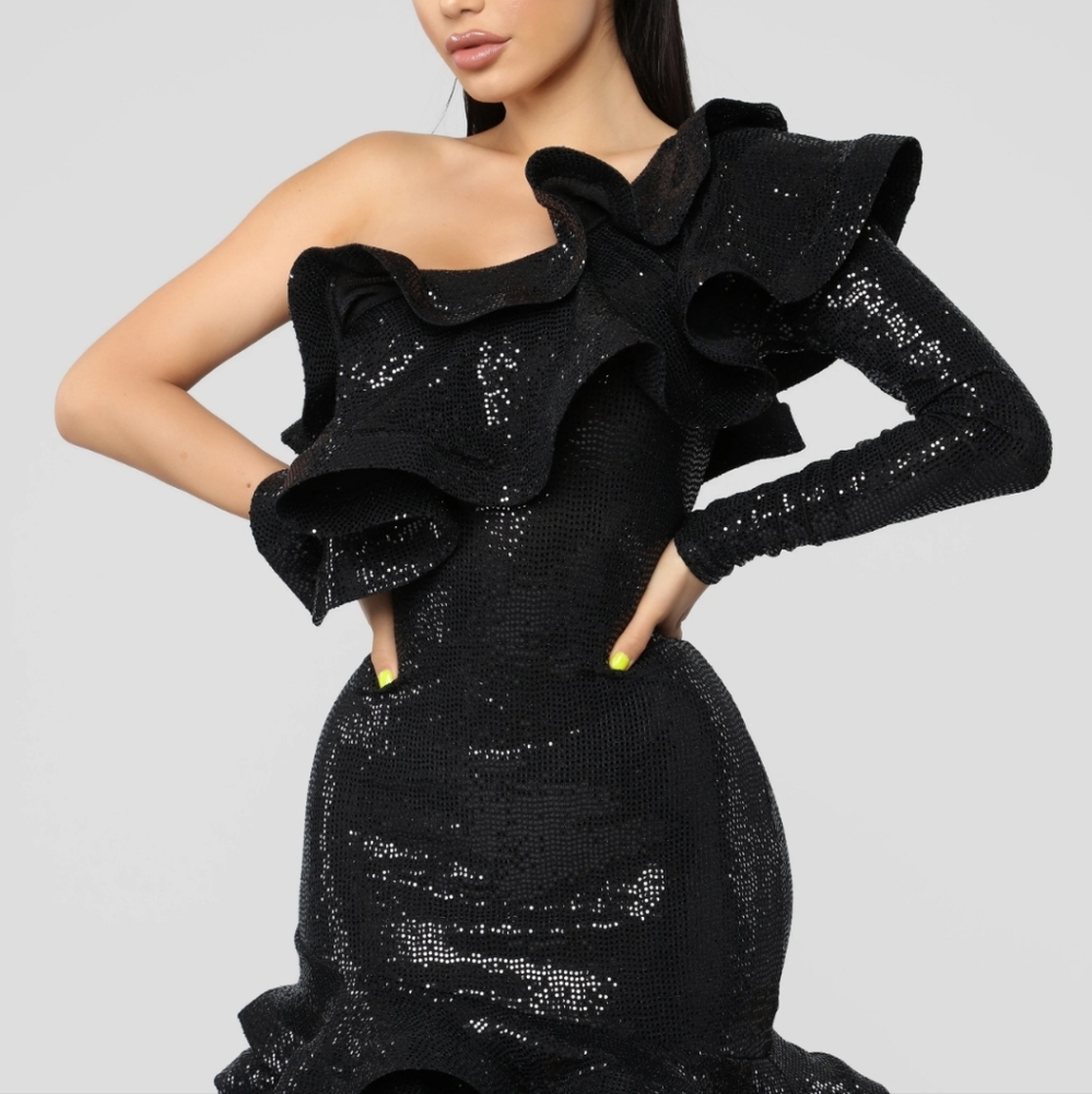 NEW black ruffle fitted flare dress